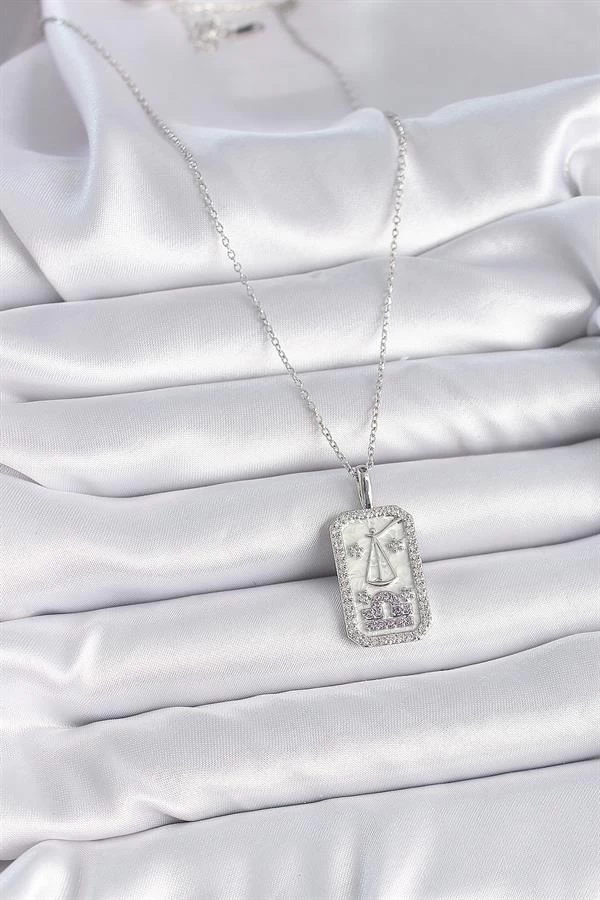 316l Çelik Gümüş Renk Terazi Burcu Zirkon Taşlı Kadın Kolye