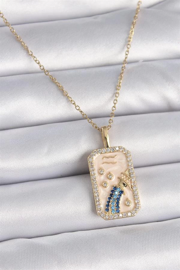 316l Çelik Gold Renk Zincir Kova Burcu Zirkon Taşlı Kadın Kolye