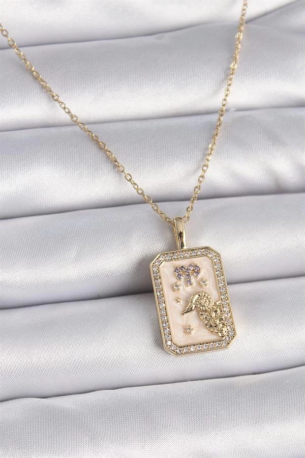 316l Çelik Gold Renk Zincir Koç Burcu Zirkon Taşlı Kadın Kolye