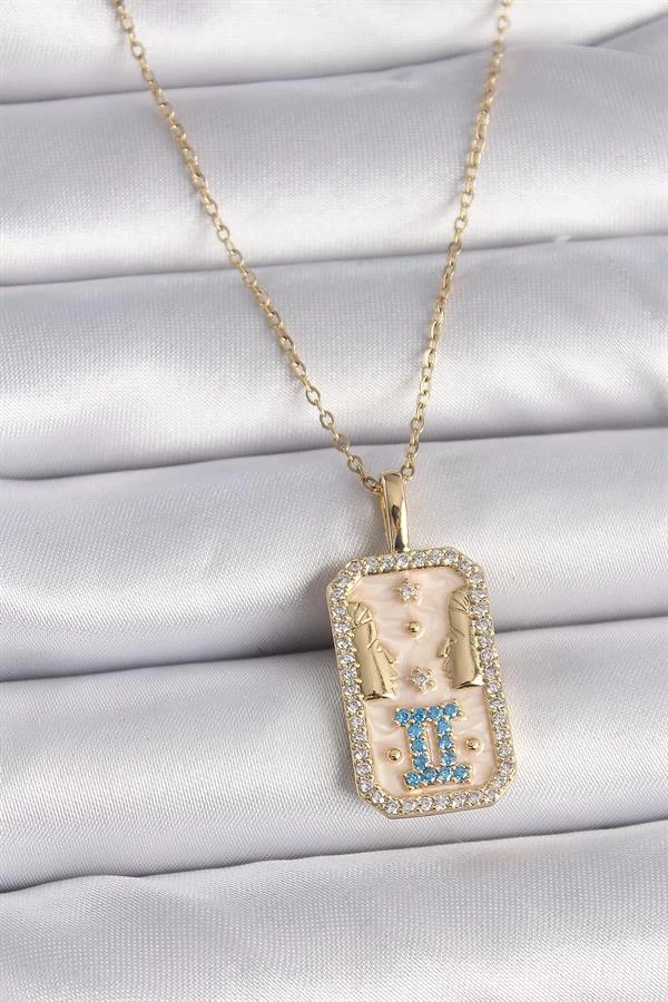 316l Çelik Gold Renk Zincir İkizler Burcu Zirkon Taşlı Kadın Kolye