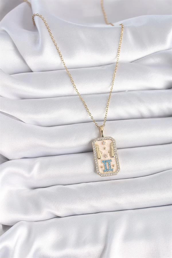 316l Çelik Gold Renk Zincir İkizler Burcu Zirkon Taşlı Kadın Kolye