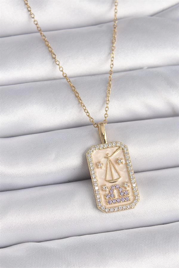 316l Çelik Gold Renk Zincir Terazi Burcu Zirkon Taşlı Kadın Kolye