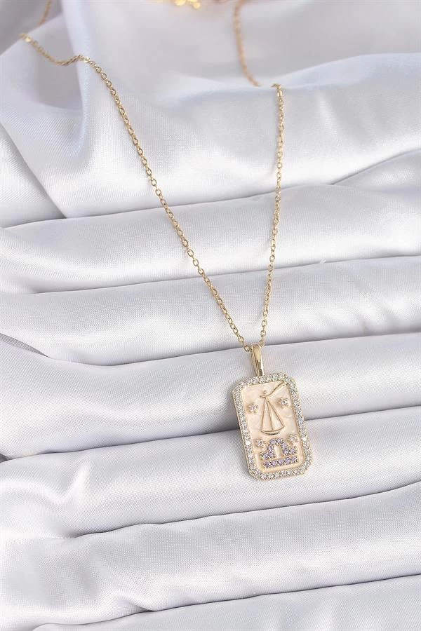 316l Çelik Gold Renk Zincir Terazi Burcu Zirkon Taşlı Kadın Kolye
