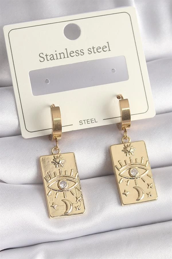 316l Çelik Gold Renk Zirkon Taşlı Göz İşleme Detay Plaka Model Kadın Küpe