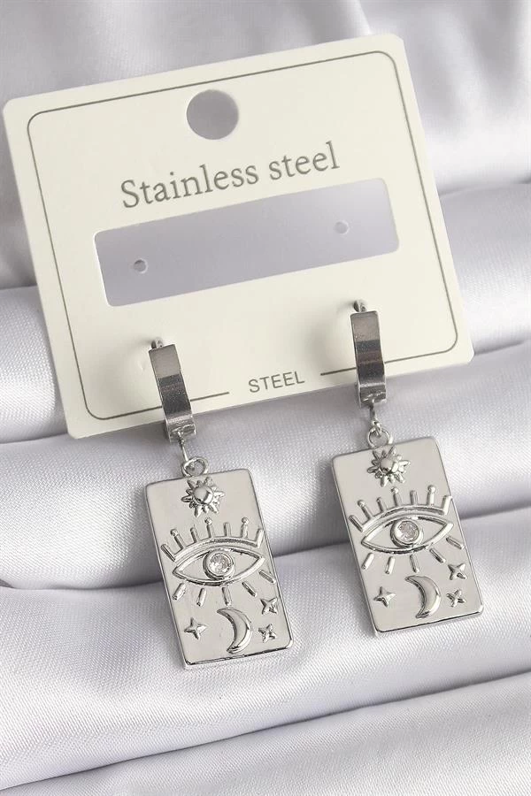 316l Çelik Gümüş Renk Zirkon Taşlı Göz İşleme Detaylı Plaka Model Kadın Küpe