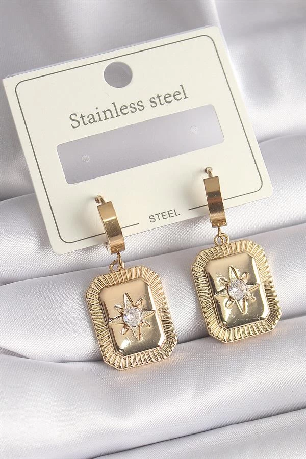 316l Çelik Gold Renk Zirkon Taşlı Yıldız İşlemeli Kadın Küpe