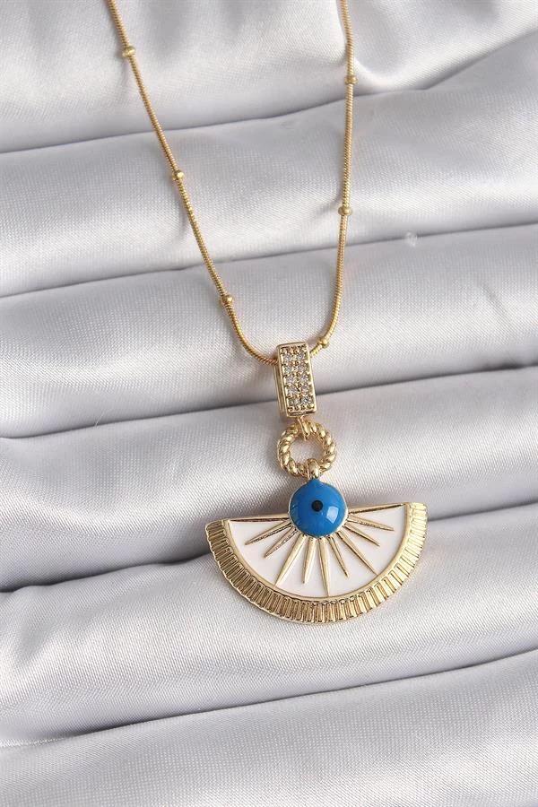 316l Çelik Gold Renk Zincir Zirkon Taş Detaylı Nazar Boncuk Göz Model Kadın Kolye