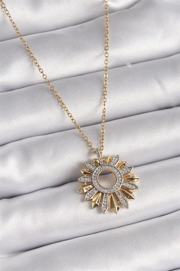 316l Çelik Gold Renk Zincir Zirkon Taşlı Mix Renk Güneş Model Kadın Kolye