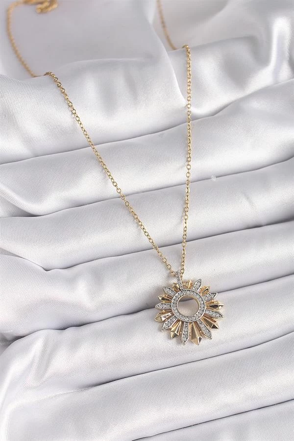 316l Çelik Gold Renk Zincir Zirkon Taşlı Mix Renk Güneş Model Kadın Kolye