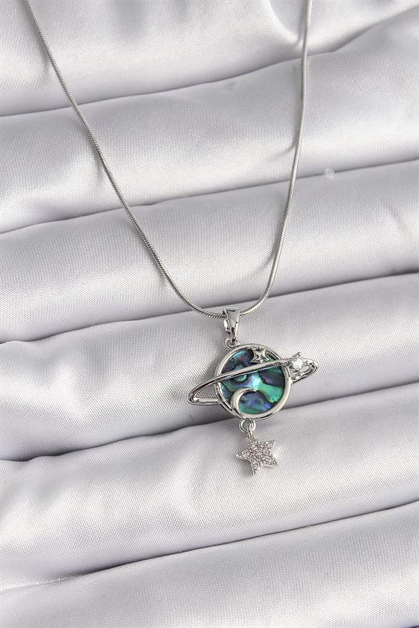 316l Çelik Gümüş Renk Zincir Zirkon Taşlı Gezegen Model Kadın Kolye