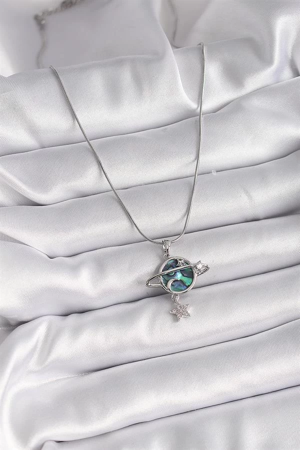 316l Çelik Gümüş Renk Zincir Zirkon Taşlı Gezegen Model Kadın Kolye