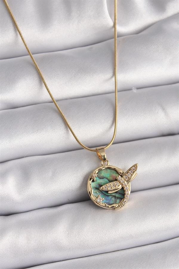 316l Çelik Gold Renk Zincir Zirkon Taşlı Yusufçuk Model Kadın Kolye