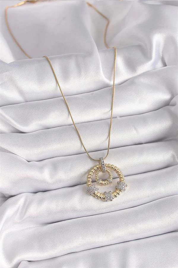 316l Çelik Gold Renk Zincir Gümüş Zirkon Taşlı Madalyon Model Kadın Kolye