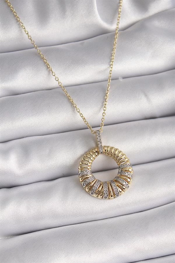 316l Çelik Gold Renk Zincir Gümüş Zirkon Taşlı Daire Model Kadın Kolye