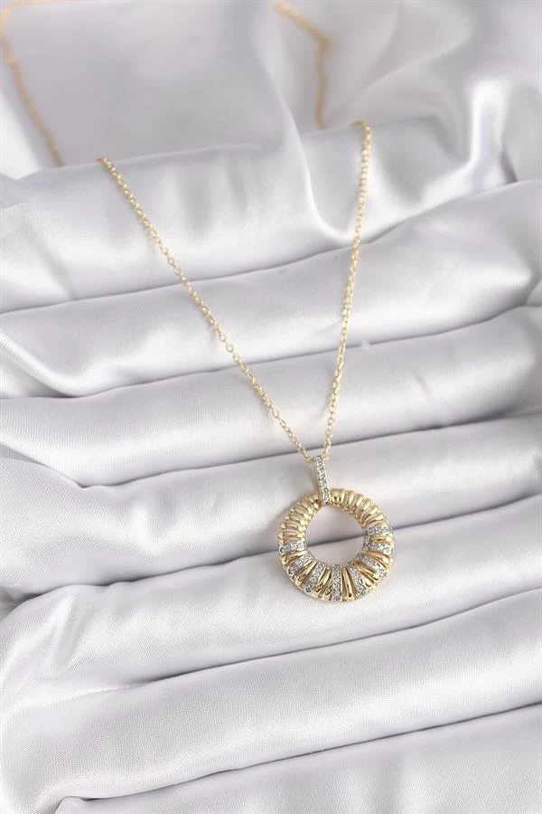 316l Çelik Gold Renk Zincir Gümüş Zirkon Taşlı Daire Model Kadın Kolye