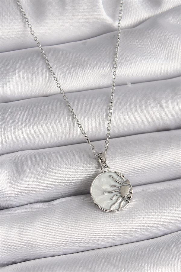 316l Çelik Gümüş Renk Zincir Beyaz Sedefli Gün Batımı Model Kadın Kolye