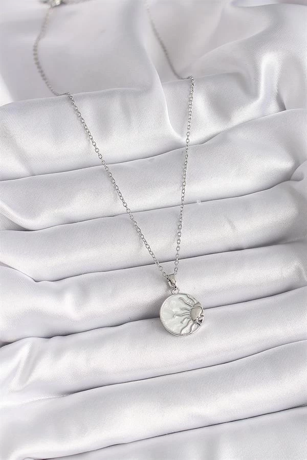 316l Çelik Gümüş Renk Zincir Beyaz Sedefli Gün Batımı Model Kadın Kolye