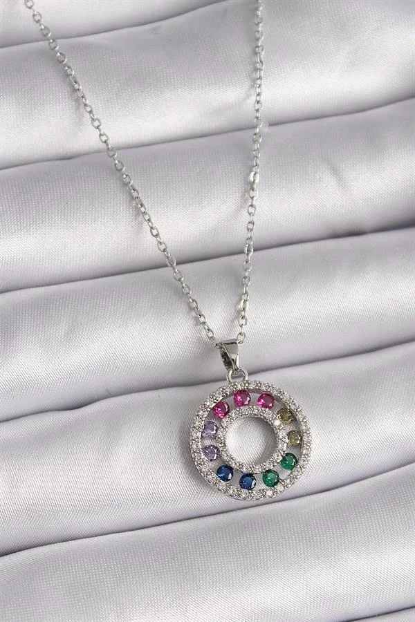 316l Çelik Gümüş Renk Zincir Renkli Zirkon Taşlı Madalyon Model Kadın Kolye