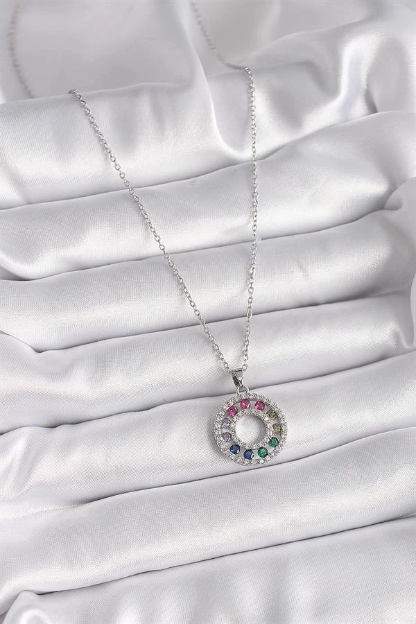 316l Çelik Gümüş Renk Zincir Renkli Zirkon Taşlı Madalyon Model Kadın Kolye