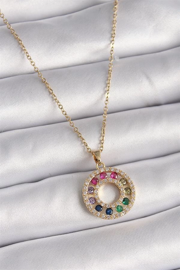 316l Çelik Gold Renk Zincir Renkli Zirkon Taşlı Madalyon Model Kadın Kolye