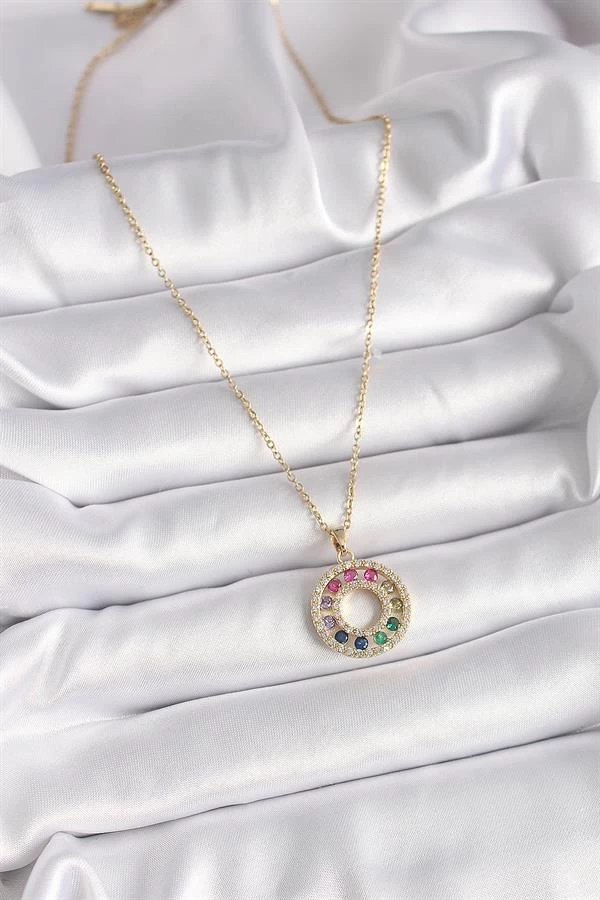 316l Çelik Gold Renk Zincir Renkli Zirkon Taşlı Madalyon Model Kadın Kolye