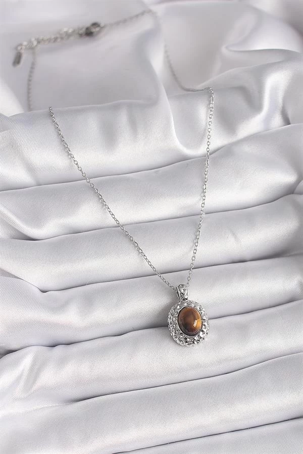 316l Çelik Gümüş Renk Zincir Kehribar Boncuk Model Kadın Kolye