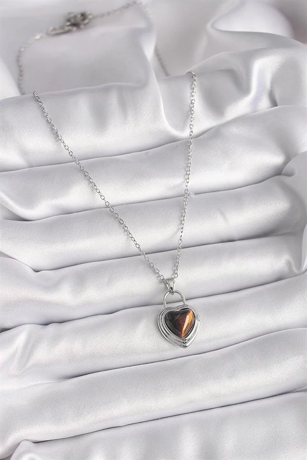 316l Çelik Gümüş Renk Zincir Kilit Kalp Kehribar Boncuk Model Kadın Kolye