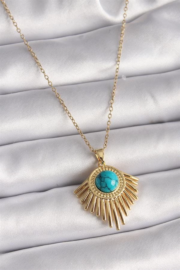 316l Çelik Gold Renk Zincir Mavi Boncuk Güneş Model Kadın Kolye