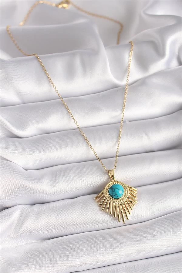 316l Çelik Gold Renk Zincir Mavi Boncuk Güneş Model Kadın Kolye