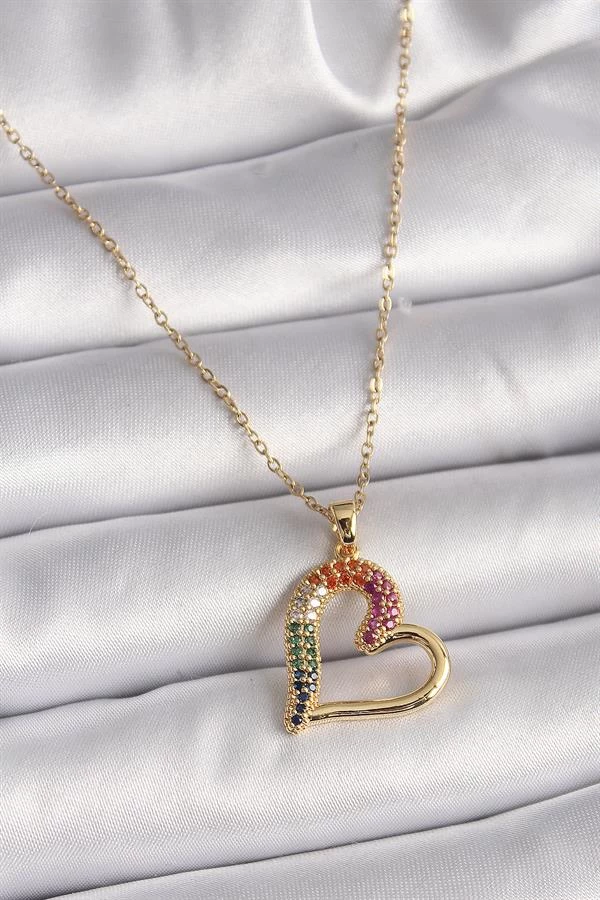 316l Çelik Gold Renk Zincir Renkli Zirkon Taşlı Kalp Model Kadın Kolye