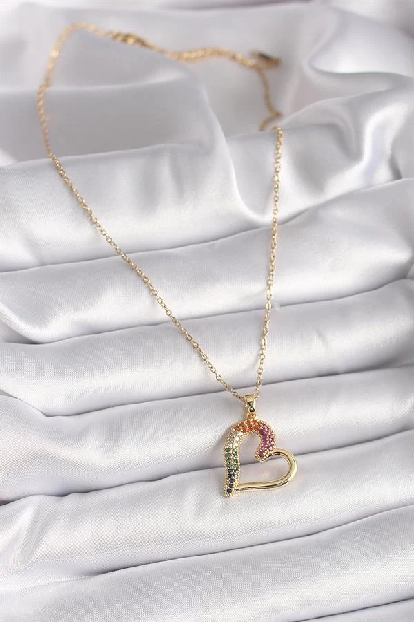316l Çelik Gold Renk Zincir Renkli Zirkon Taşlı Kalp Model Kadın Kolye