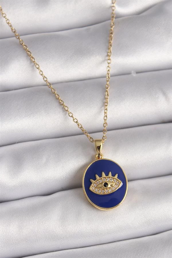 316l Çelik Gold Renk Zincir Mavi Mineli Zirkon Taşlı Göz İşleme Kadın Kolye