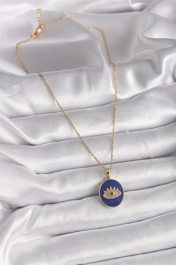 316l Çelik Gold Renk Zincir Mavi Mineli Zirkon Taşlı Göz İşleme Kadın Kolye