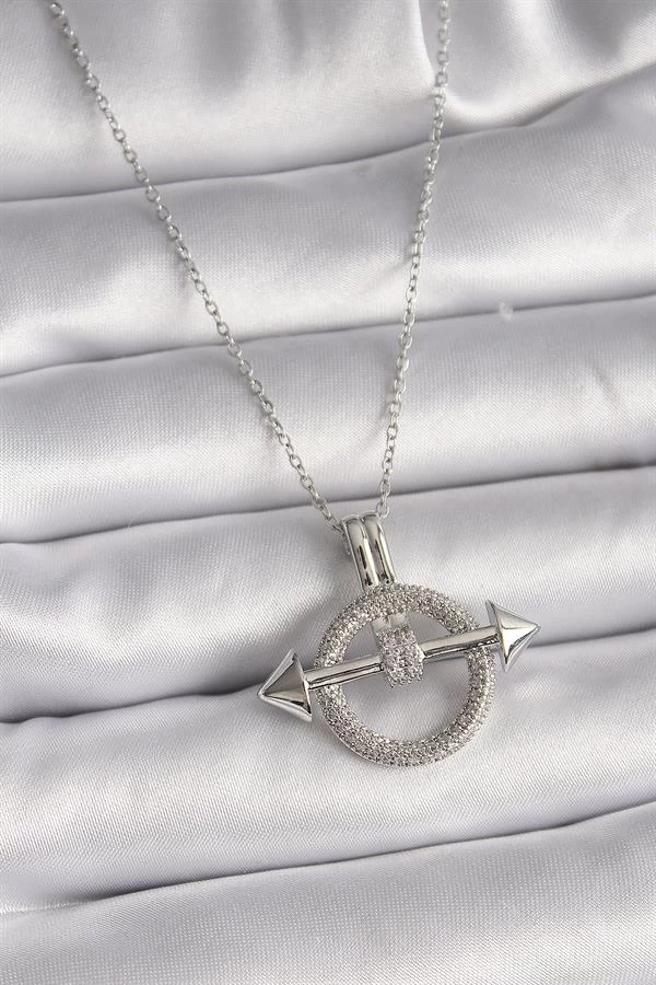 316l Çelik Gümüş Renk Zincir Zirkon Taşlı Halka Model Kadın Kolye