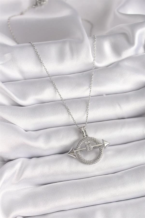 316l Çelik Gümüş Renk Zincir Zirkon Taşlı Halka Model Kadın Kolye