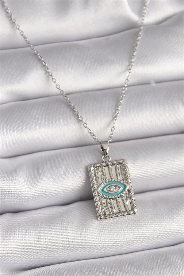 316l Çelik Gümüş Renk Zincir Göz İşlemeli Madalyon Model Kadın Kolye