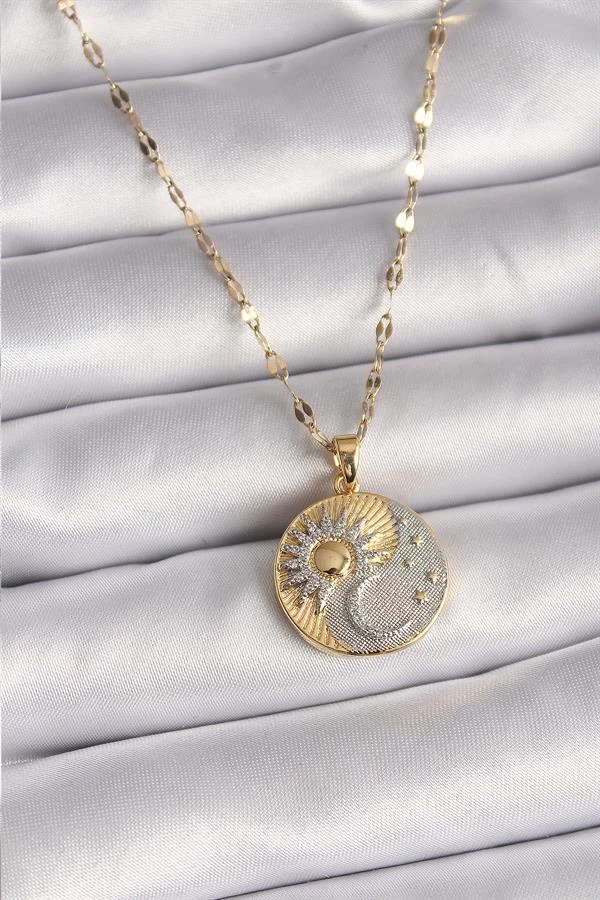 316l Çelik Mix Renk Zincir Zirkon Taşlı Gün Doğumu/batımı Madalyon Model Kadın Kolye