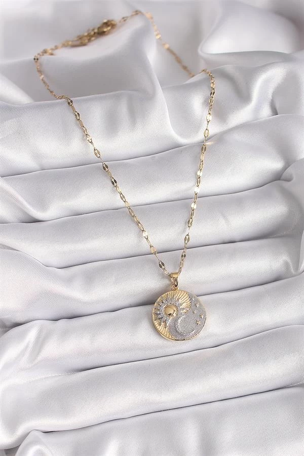 316l Çelik Mix Renk Zincir Zirkon Taşlı Gün Doğumu/batımı Madalyon Model Kadın Kolye