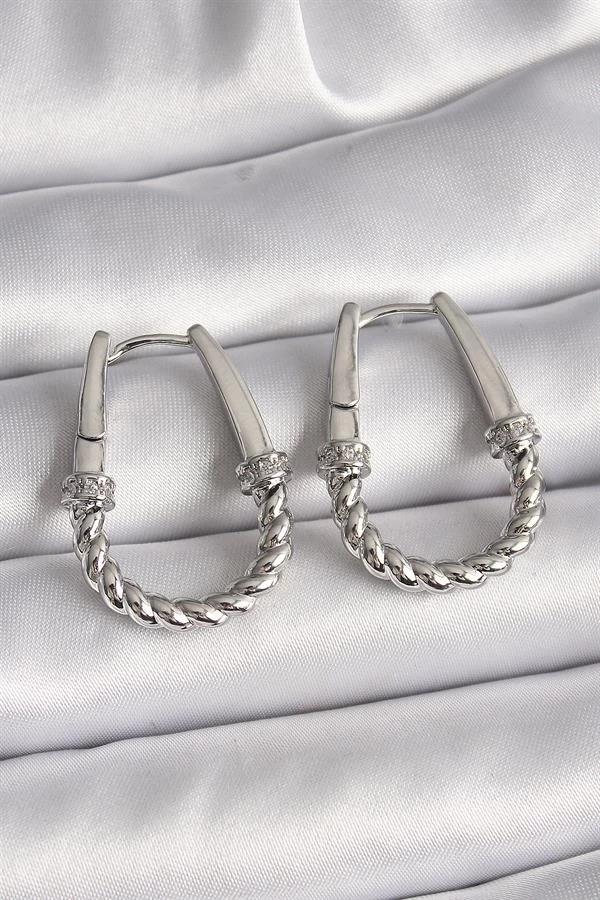 316l Çelik Gümüş Renk Zirkon Taş Detaylı Burma Halka Model Kadın Küpe