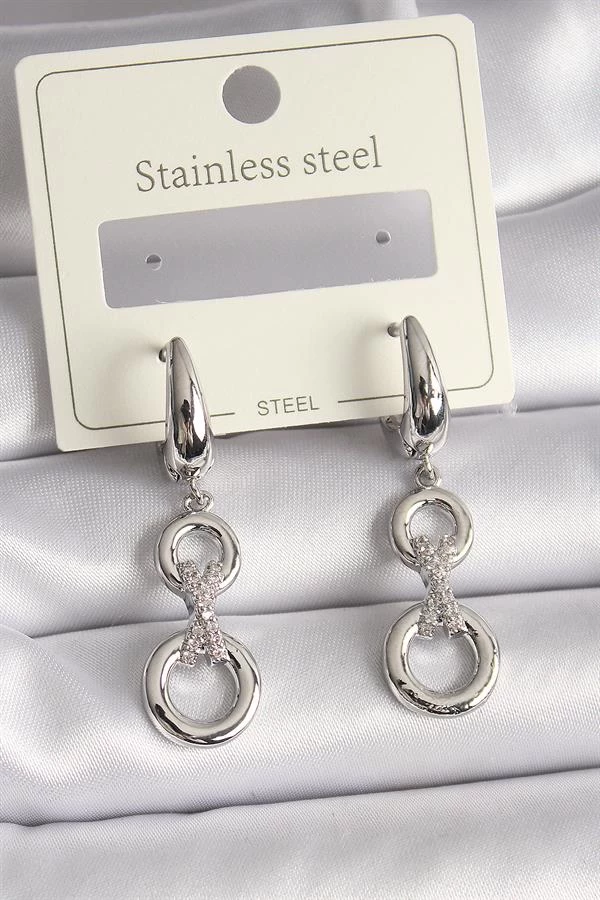 316l Çelik Gümüş Renk Zirkon Taşlı Daire Model Kadın Küpe