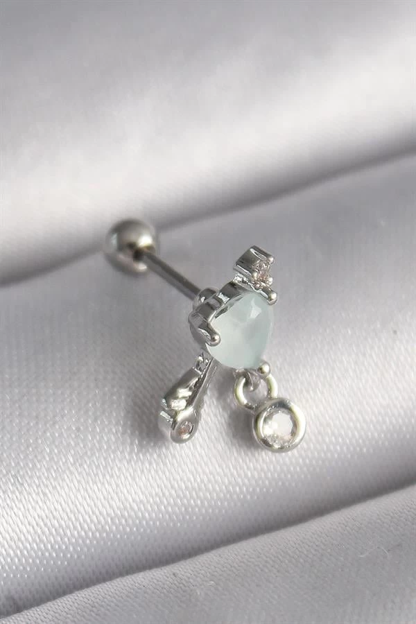 316l Çelik Gümüş Renk Beyaz Minelik Kalp Sallantı Zirkon Taş Detay Tragus Piercing