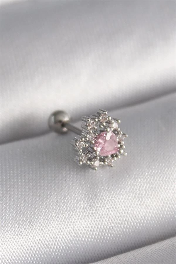 316l Çelik Gümüş Renk Zirkon Taşlı Kalp Tragus Piercing