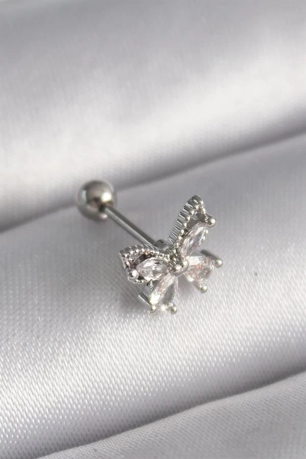 316l Çelik Gümüş Renk Zirkon Taşlı Kelebek Tragus Piercing