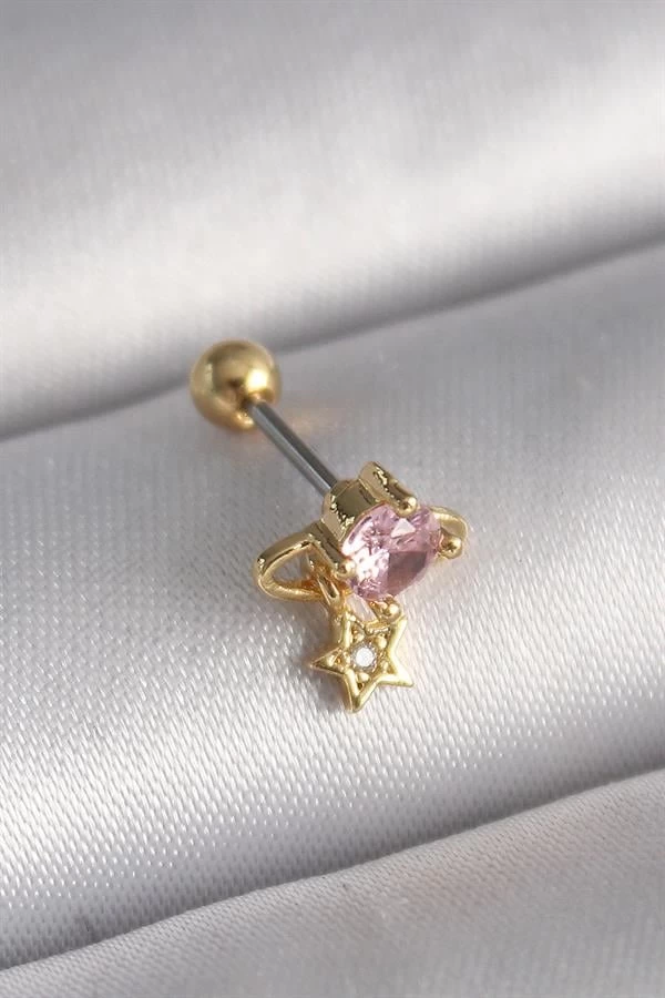 316l Çelik Gold Renk Pembe Zirkon Taşlı Sallantı Yıldız Detay Tragus Piercing