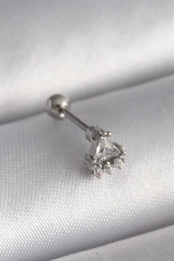 316l Çelik Gümüş Renk Üçgen Zirkon Taşlı Tragus Piercing