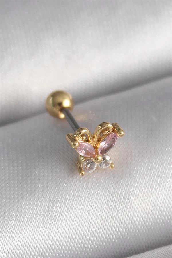 316l Çelik Gold Renk Pembe Zirkon Taşlı Kelebek Tragus Piercing