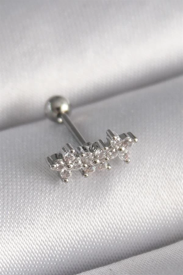 316l Çelik Gümüş Renk Zirkon Taşlı Yonca Tragus Piercing