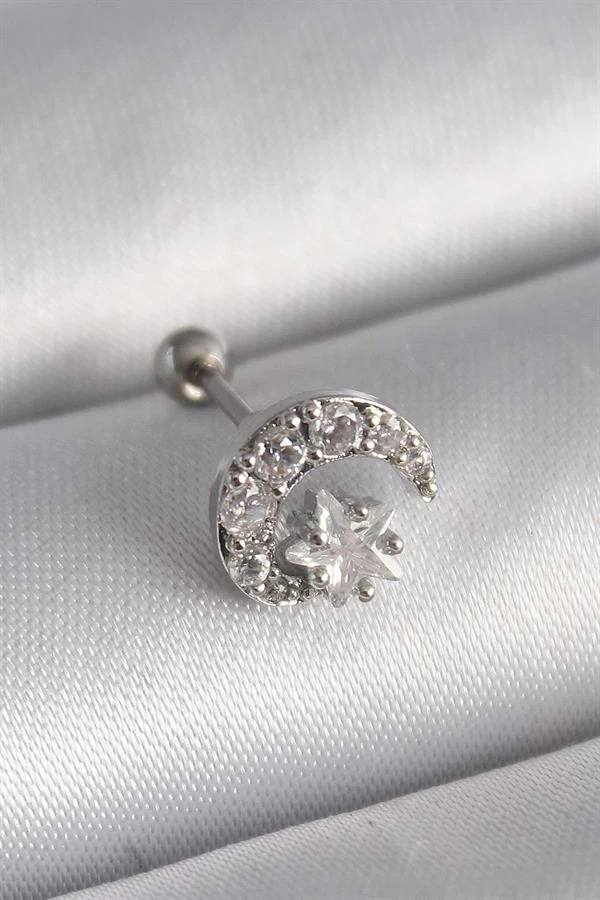 316l Çelik Gümüş Renk Zirkon Taşlı Ay Yıldız Tragus Piercing