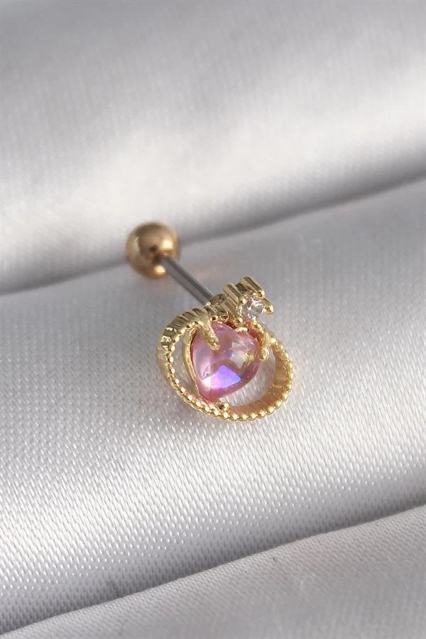 316l Çelik Gold Renk Pembe Mineli Kalp Zirkon Taş Detay Tragus Piercing