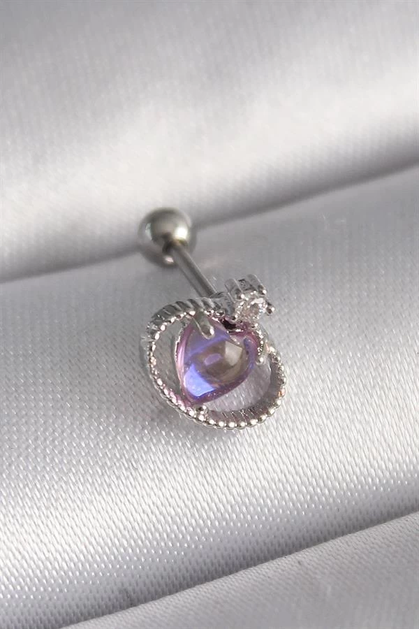 316l Çelik Gümüş Renk Mor Mineli Kalp Zirkon Taş Detay Tragus Piercing